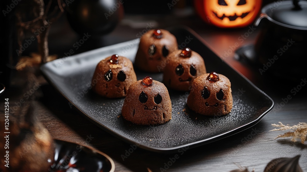 Obraz premium Chocolate cupcakes shaped like ghosts for Halloween decoration on a black platter with spooky background and copy space
