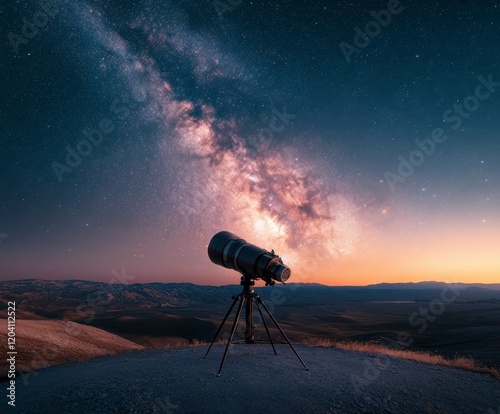 Stargazing adventure at dusk with a telescope under the Milky Way sky. Generative AI