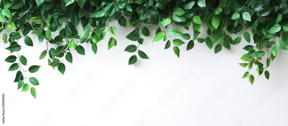Fototapeta premium Green foliage overhead on a white background with ample copy space for text or design elements