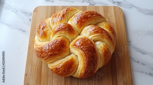 Golden Brown Croissant Displayed on Wooden Board for Food Photography