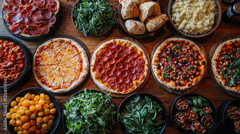 Fototapeta premium Delicious Spread of Pizza, Fresh Greens, and Tasty Sides on Table