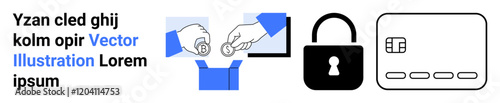 Hands placing coins in a box, padlock icon, credit card. Ideal for finance, security, online payments, data protection, transactions savings ecommerce. Landing page