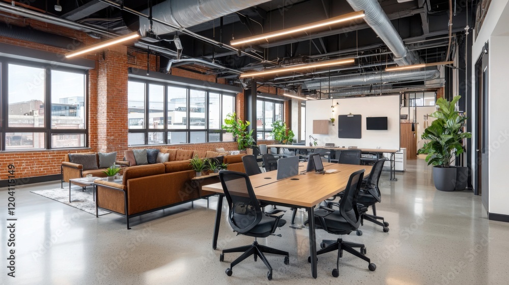A modern office space featuring a blend of wooden and industrial design, ample natural light, and a collaborative work environment. A modern office space featuring a blend of wooden and industrial design, ample natural light, and a collaborative work environment.