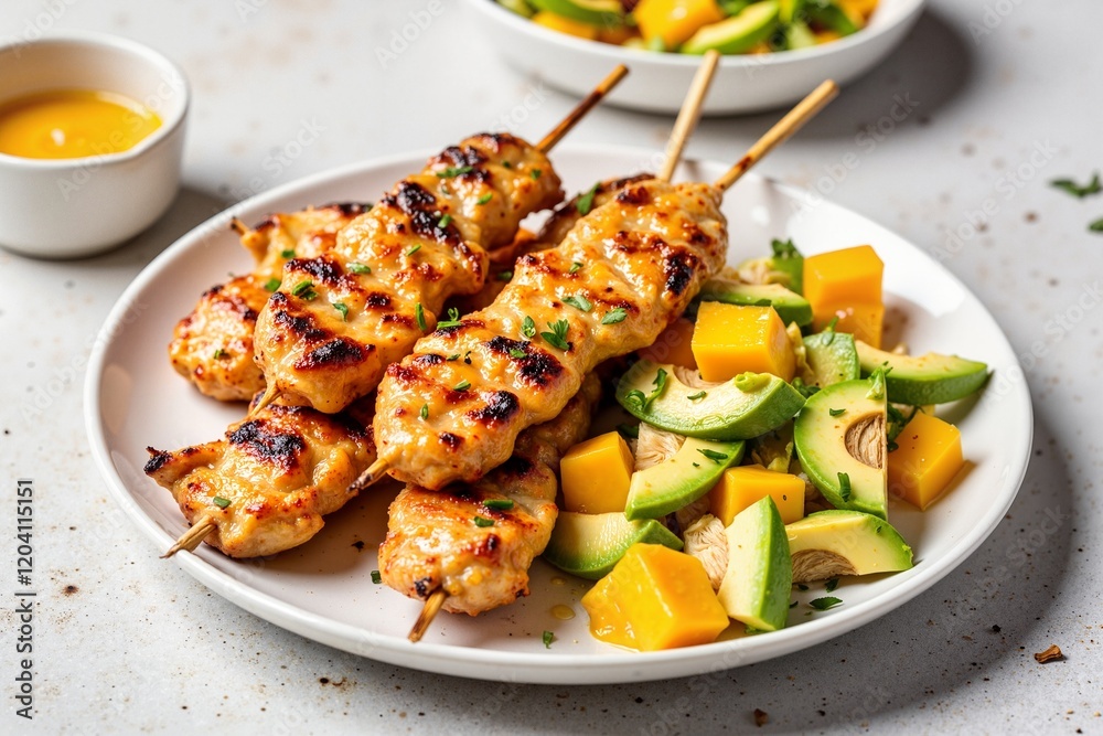 Grilled chicken skewers glazed with spicy mango sauce alongside fresh mango and avocado salad on a neutral stone table, culinary delight. Grilled chicken skewers glazed with spicy mango sauce alongside fresh mango and avocado salad on a neutral stone table, culinary delight.