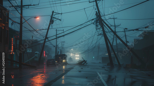 Collapsed power lines and damaged poles on a dark, rainy street, symbolizing destruction and urban crisis.