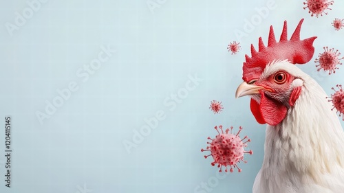 A chicken is depicted against a light blue background with virus illustrations, symbolizing health concerns related to poultry. photo