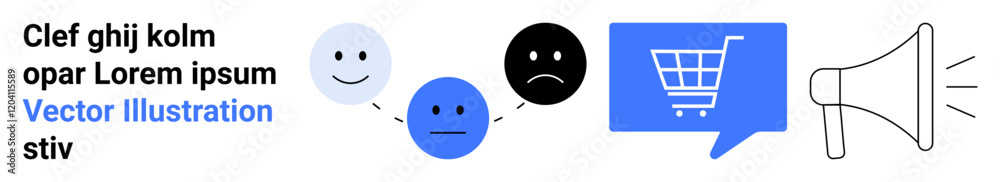 Three emoticons expressing different emotions, a shopping cart within a blue speech bubble, and a megaphone. Ideal for digital marketing, e-commerce, customer feedback, communication tools, emotional Three emoticons expressing different emotions, a shopping cart within a blue speech bubble, and a megaphone. Ideal for digital marketing, e-commerce, customer feedback, communication tools, emotional