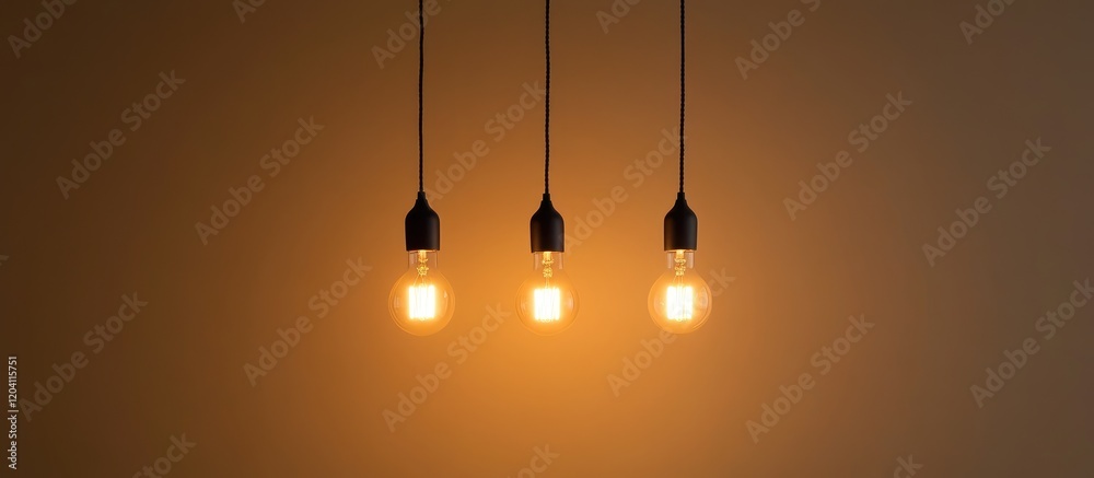Three pendant light bulbs hanging from the ceiling on a gradient wall background with warm lighting and Copy Space Three pendant light bulbs hanging from the ceiling on a gradient wall background with warm lighting and Copy Space