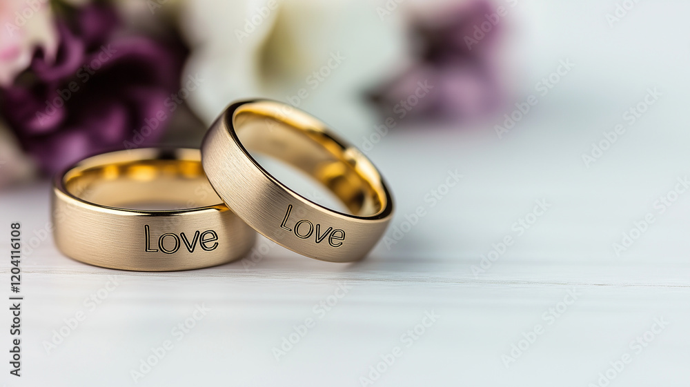Two golden rings with engraved text Love on white background, surrounded by soft floral elements, symbolize commitment and romance. Perfect for weddings or anniversaries Two golden rings with engraved text Love on white background, surrounded by soft floral elements, symbolize commitment and romance. Perfect for weddings or anniversaries
