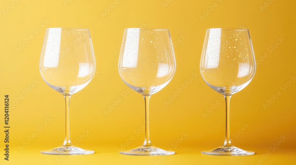 Three elegant empty wine glasses on a vibrant yellow background with water droplets, showcasing Copy Space for text placement.