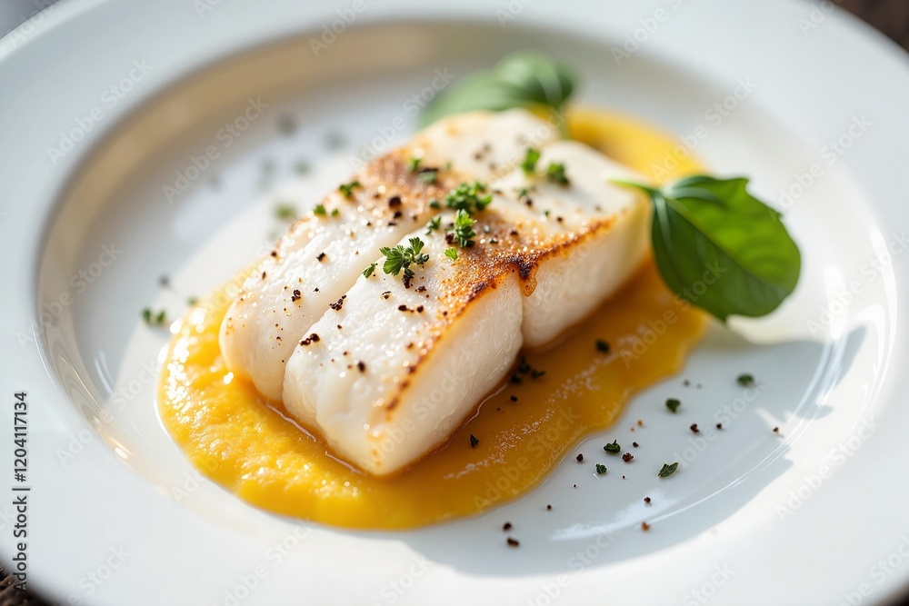 Elegant halibut dish showcased on a pure white plate with vibrant sauce and herbs, artful culinary presentation. Concept of fine dining aesthetics. Elegant halibut dish showcased on a pure white plate with vibrant sauce and herbs, artful culinary presentation. Concept of fine dining aesthetics.