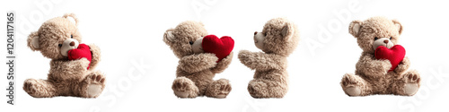 Three stuffed teddy bears with red hearts on their backs arranged on a white background isolated on a white background