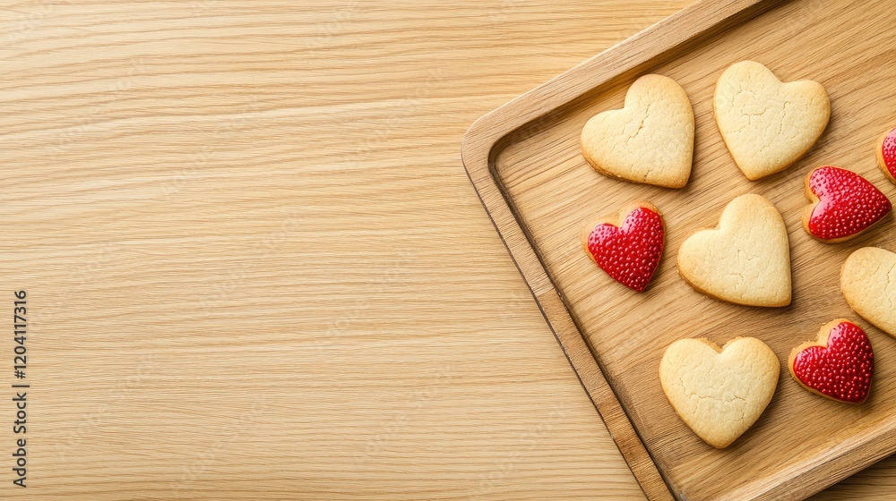 Heart-shaped cookies and strawberries arranged on a wooden tray with light wood background and ample Copy Space for text placement. Heart-shaped cookies and strawberries arranged on a wooden tray with light wood background and ample Copy Space for text placement.
