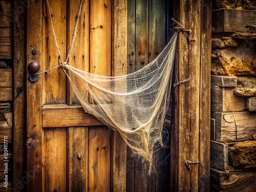 Vintage Style Photo: Rustic Mosquito Net Door Hanging on Old Wooden Door photo