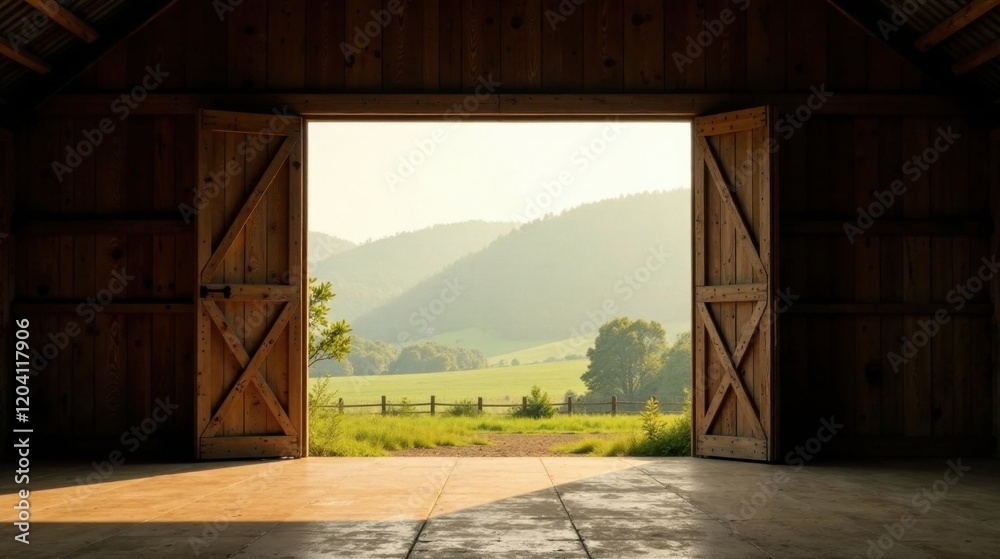 Fototapeta premium Rustic wooden barn doors open to reveal a tranquil pastoral landscape, bathed in the soft glow of morning light, offering a serene and peaceful vista beyond.