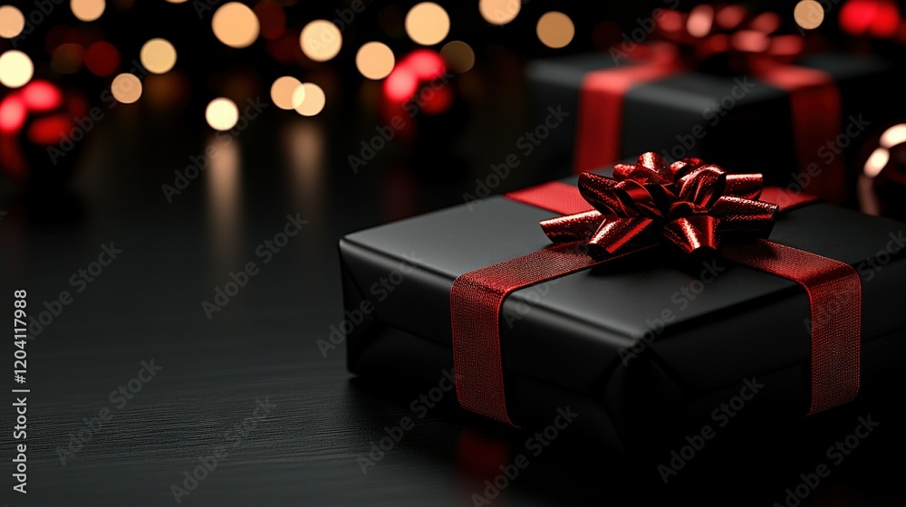 A black gift box adorned with a red ribbon and red bow sits atop a black surface, surrounded by Christmas lights in the background A black gift box adorned with a red ribbon and red bow sits atop a black surface, surrounded by Christmas lights in the background