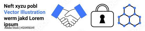Business handshake, secure padlock, and blockchain network icon with text. Ideal for partnership, security, blockchain technology, teamwork, trust data protection business solutions. Landing page
