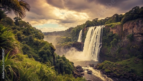 Vintage Style Photo of Billy Goat Falls, New Zealand - Cascading Water, Lush Nature