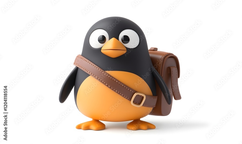 Fototapeta premium Cute 3D cartoon penguin with backpack.