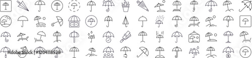 Pack of Umbrella Related Line Icons. Outline Signs for Graphic and Web Design, Apps, Adverts, Various Cards