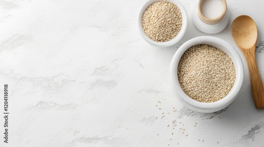 Bowl of sesame seeds on marble countertop with wooden spoon and salt in small bowl Copy Space Bowl of sesame seeds on marble countertop with wooden spoon and salt in small bowl Copy Space