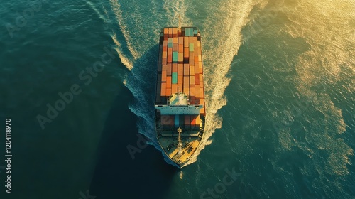 container ship in import export and business logistic.By crane ,Trade Port , Shipping.cargo to harbor.Aerial view.Water transport.International.Shell Marine.Top view animation Triadic Color Scheme  photo