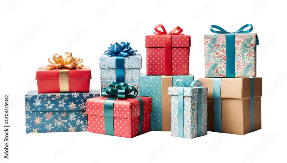 Obraz premium Stack of wrapped Christmas gifts with colorful ribbons and bows.