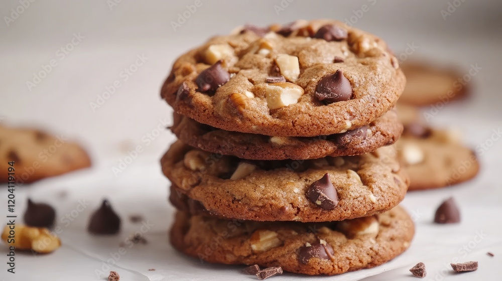 Freshly baked chocolate chip cookies stacked on a neutral background with chocolate chips scattered around Copy Space Freshly baked chocolate chip cookies stacked on a neutral background with chocolate chips scattered around Copy Space