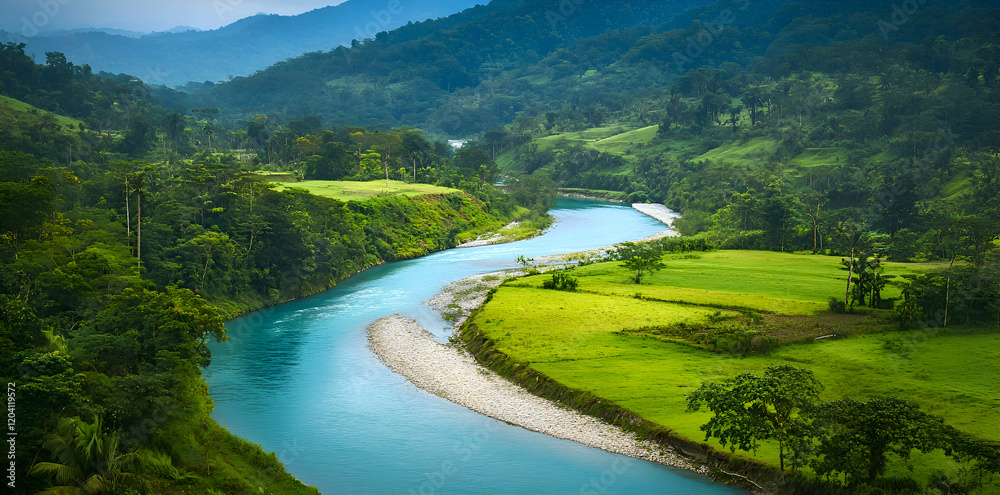 Aerial view of a winding river through a dense rainforest jungle