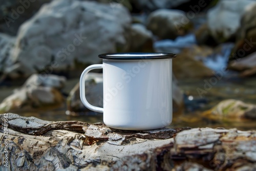 White Enamel Cup on Log by Flowing Stream in Natural Landscape photo