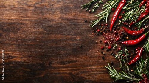 Fresh herbs red chilies and spices on rustic wooden background with Copy Space for food and cooking themes