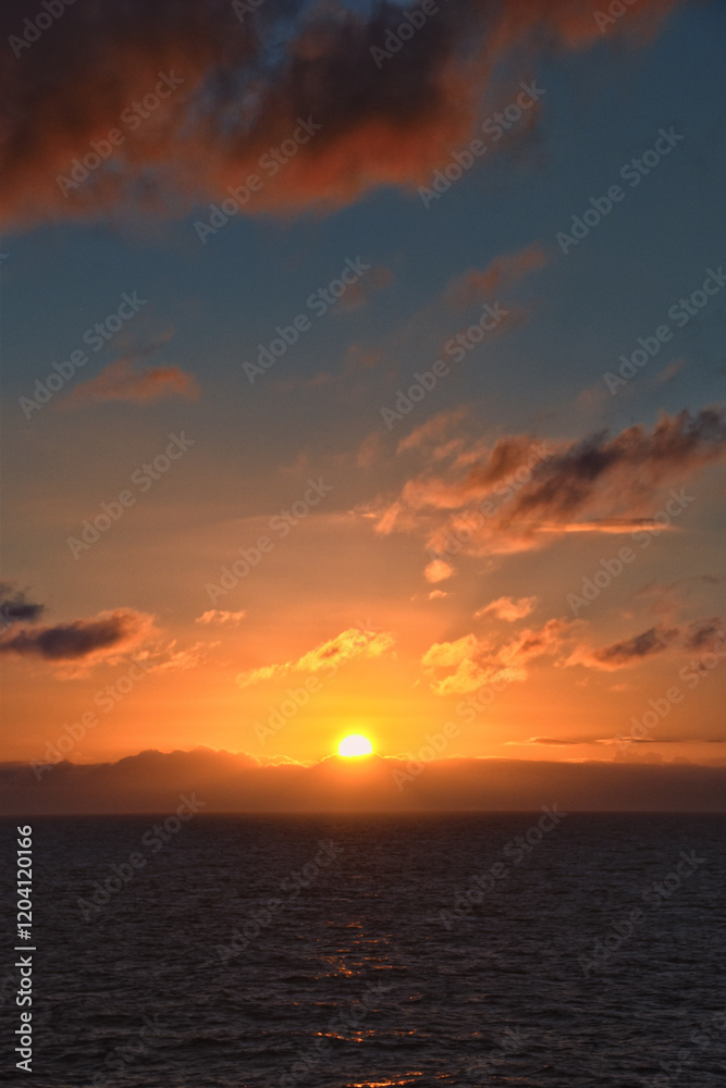Nordic Ocean Sunrise of the coast of Norway from boat, Summer 2024, Scandinavia, Europe.