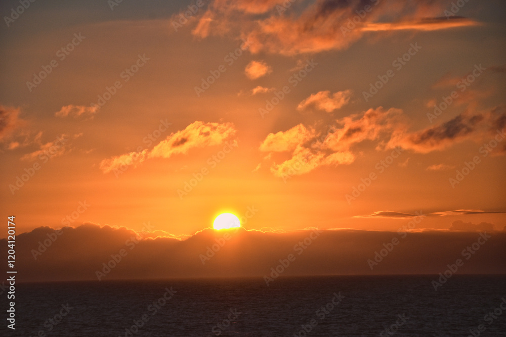 Nordic Ocean Sunrise of the coast of Norway from boat, Summer 2024, Scandinavia, Europe.