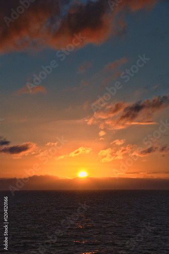 Obraz na płótnie Nordic Ocean Sunrise of the coast of Norway from boat, Summer 2024, Scandinavia, Europe.
w salonie