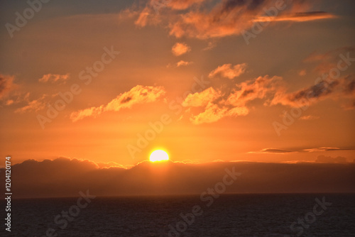 Nordic Ocean Sunrise of the coast of Norway from boat, Summer 2024, Scandinavia, Europe.
