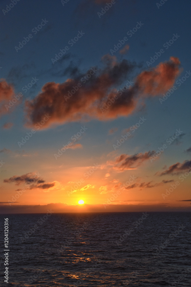 Nordic Ocean Sunrise of the coast of Norway from boat, Summer 2024, Scandinavia, Europe.