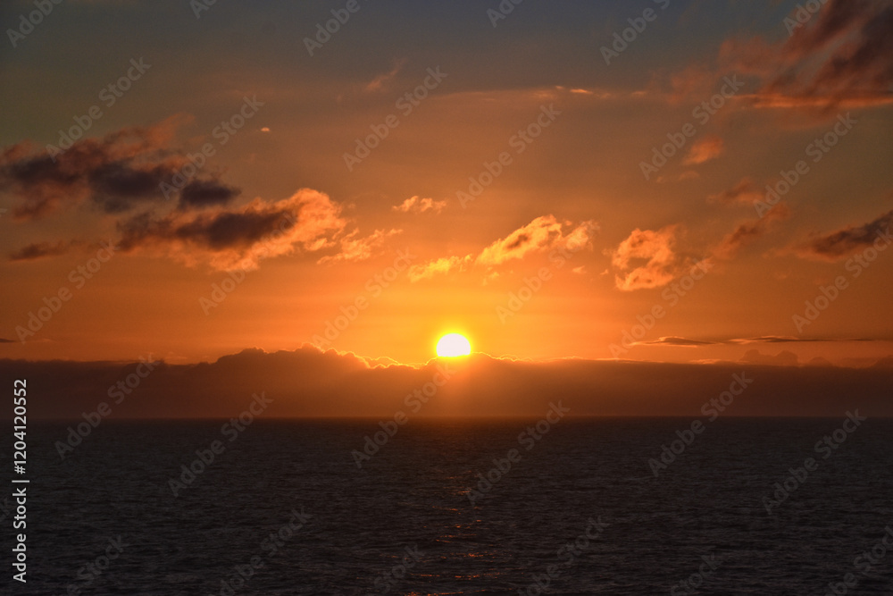 Nordic Ocean Sunrise of the coast of Norway from boat, Summer 2024, Scandinavia, Europe.