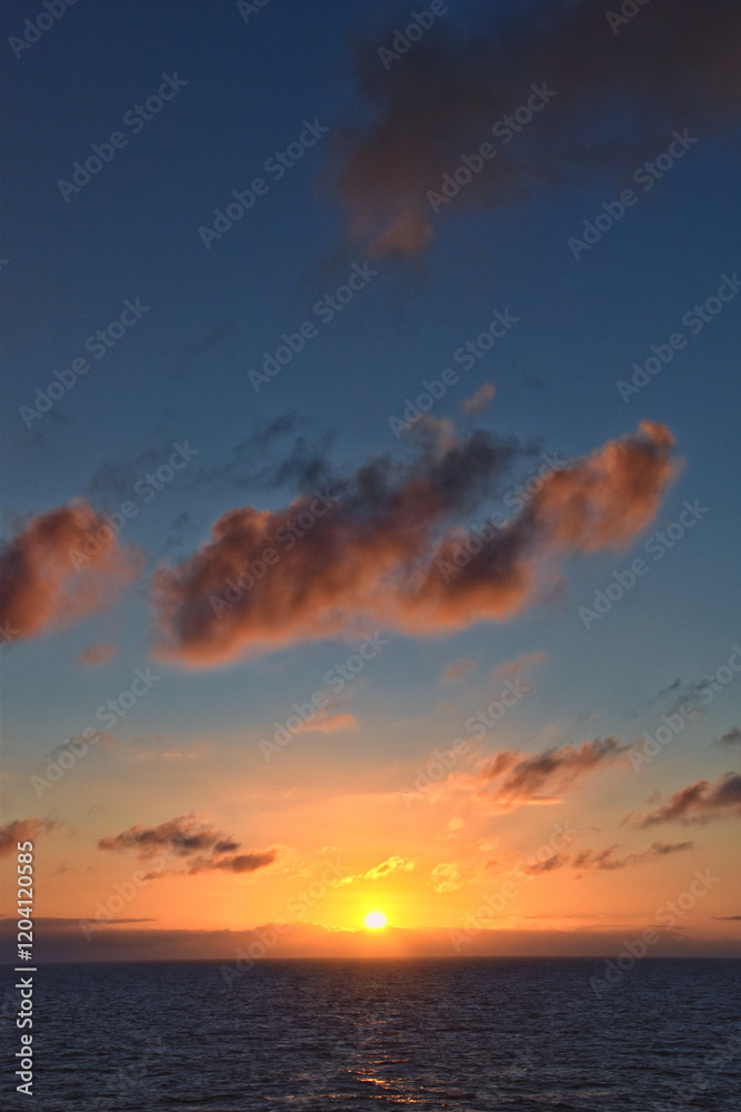 Nordic Ocean Sunrise of the coast of Norway from boat, Summer 2024, Scandinavia, Europe.