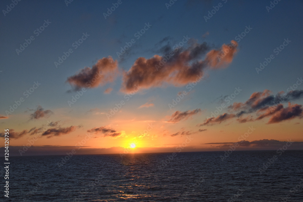 Nordic Ocean Sunrise of the coast of Norway from boat, Summer 2024, Scandinavia, Europe.