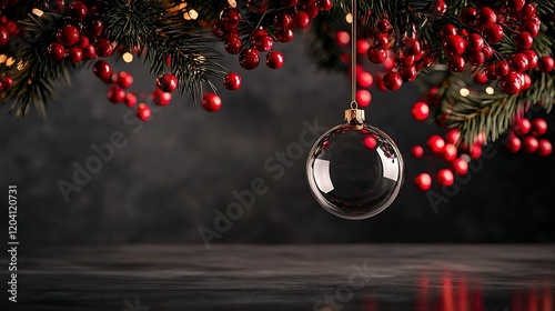   A red-berried ornament hangs on a Christmas tree against a pine-branch backdrop photo