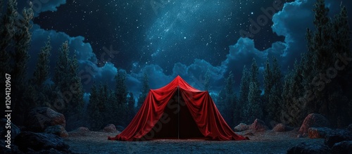 Starry night sky with a red camping tent surrounded by lush trees and rocky terrain, featuring ample copy space for text. photo