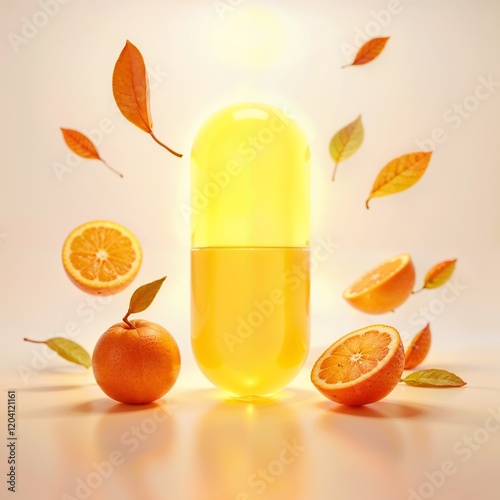 Floating Yellow Vitamin Capsule with Orange Leaves, Orange Halves, and Whole Orange on Beige Background