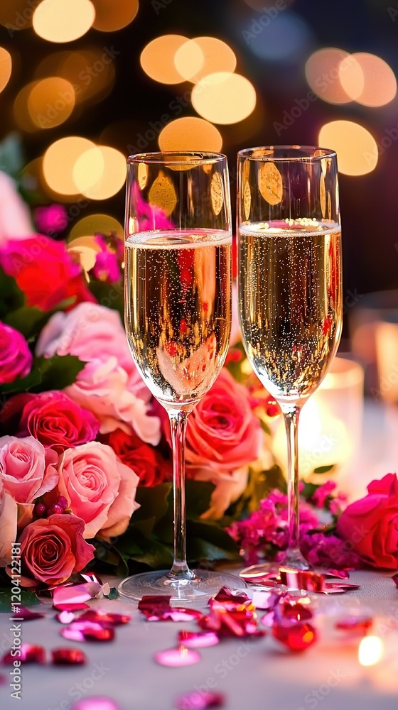   Two champagne flutes beside a rose-and-confetti bouquet on a lit table