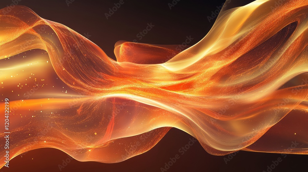Fototapeta premium Abstract wavy orange and gold smoke textures on dark background with glowing particles and Copy Space for text placement
