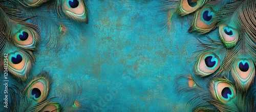 Colorful peacock feather background with blue texture and eye patterns framing the image with ample copy space for text application.
