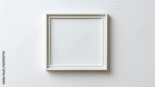 Empty white picture frame on a plain white background with ample copy space for text insertion