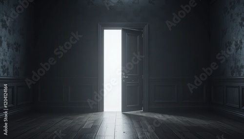 A dimly lit room enhances the mystery as an open door reveals a brilliant light. Shadows dance on the wooden floor  creating a sense of curiosity and intrigue