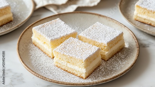 Delicate Chiffon Cakes Topped with Fine Powdered Sugar on Elegant Plates