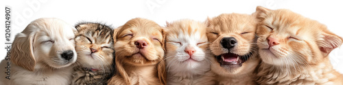 Group of domestic cats gathered and curiously looking at an object or activity outdoors isolated on a white background photo
