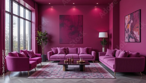 A striking living room showcases plush pink sofas and decorative cushions  all bathed in natural light pouring through large windows. Art pieces add character